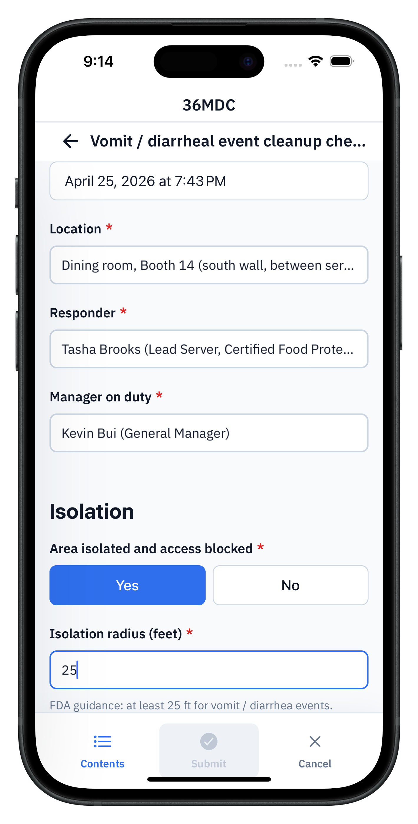 36MDC vomit / diarrheal event cleanup checklist on a phone, showing event date and time, location set to Booth 14, responder, manager on duty, and a 25-foot isolation radius per FDA guidance