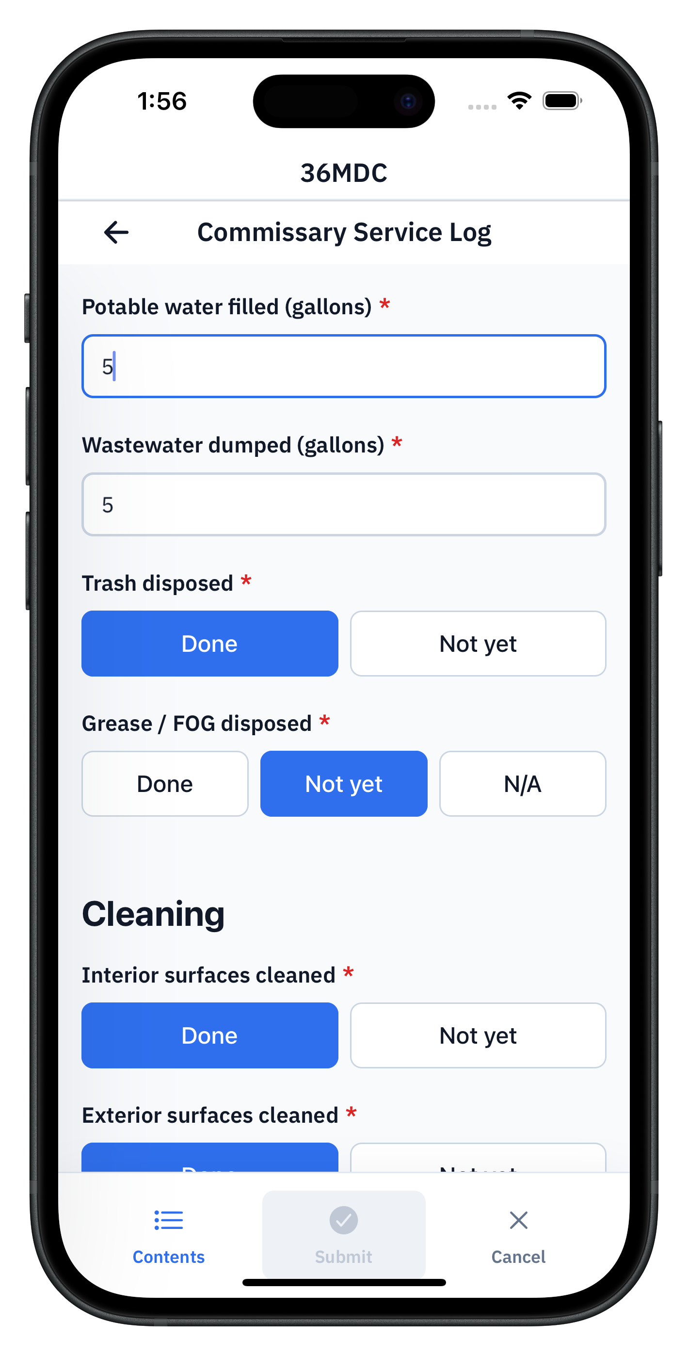36MDC commissary service log on a phone, showing potable water filled (5 gallons), wastewater dumped (5 gallons), trash disposed marked Done, grease / FOG disposed marked Not yet, and interior surfaces cleaned marked Done.