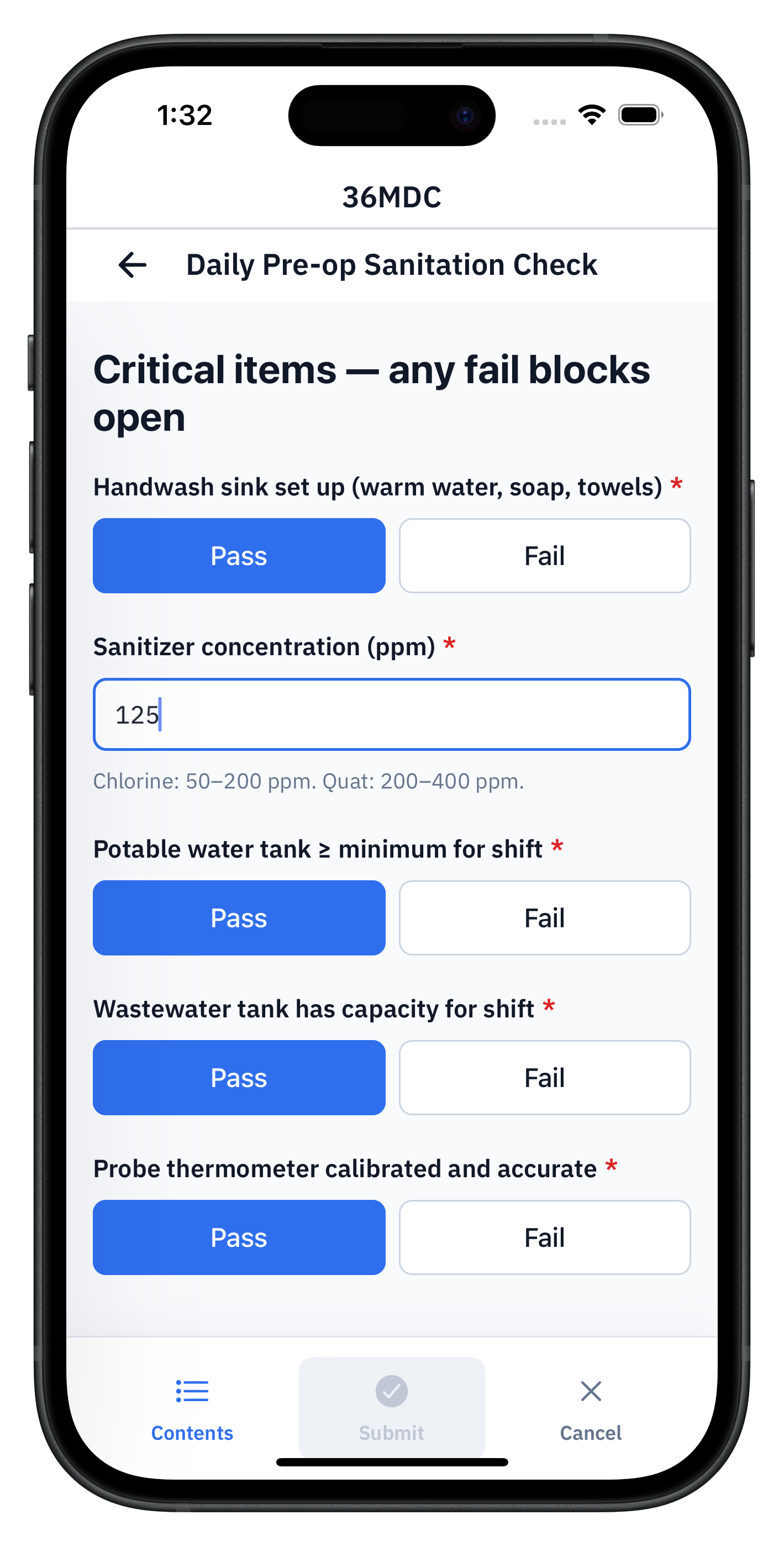 36MDC daily pre-op sanitation check on a phone, showing critical items: handwash sink set up, sanitizer concentration entered as 125 ppm, potable water tank, wastewater tank capacity, and probe thermometer all set to Pass.
