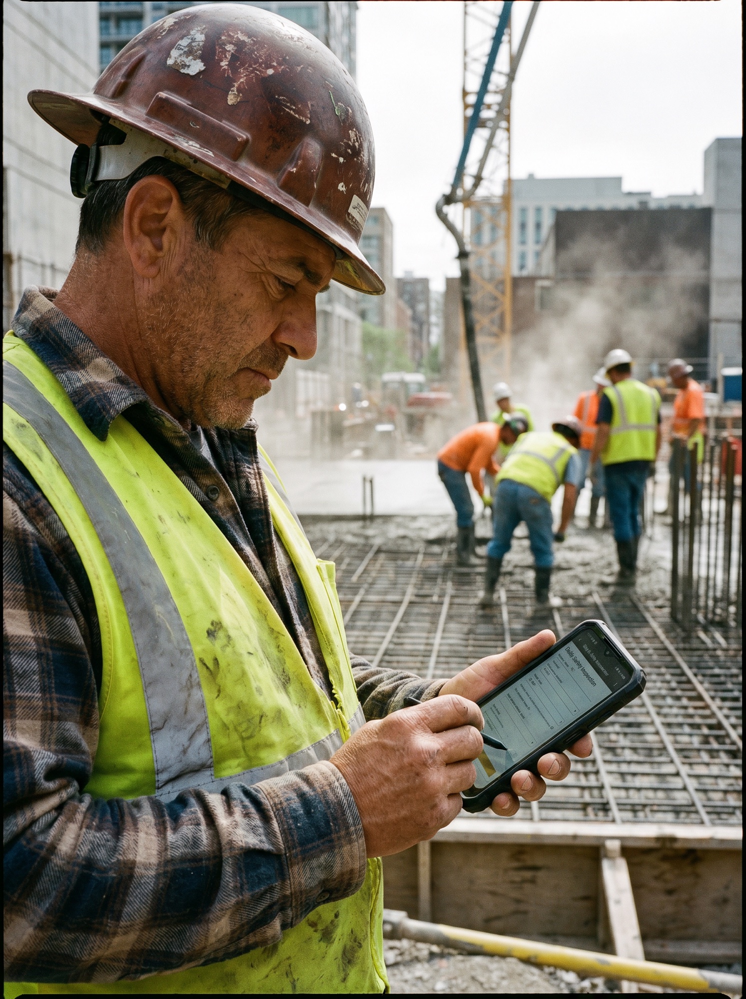 A site foreman in a weathered hard hat and high-visibility vest completing a daily safety inspection on a phone with a stylus, with the crew working on rebar and pouring concrete on an urban construction site behind him