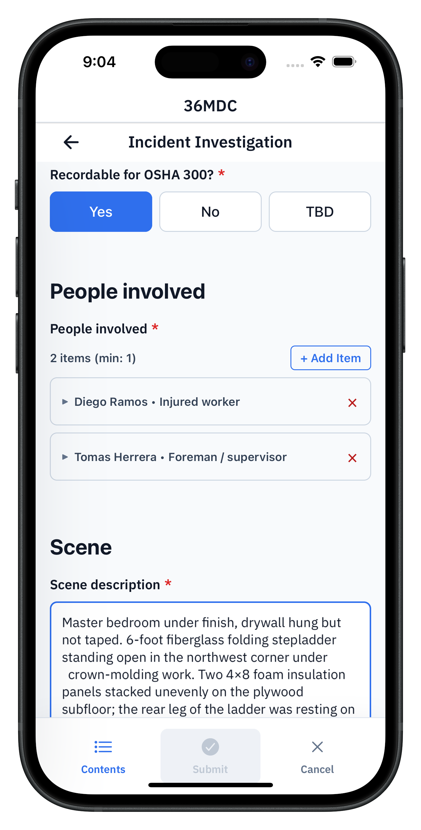 36MDC incident investigation on a phone, showing the OSHA 300 recordable toggle set to Yes, a People-involved subform with two entries (Diego Ramos, injured worker; Tomás Herrera, foreman/supervisor), and the start of a multi-line scene description