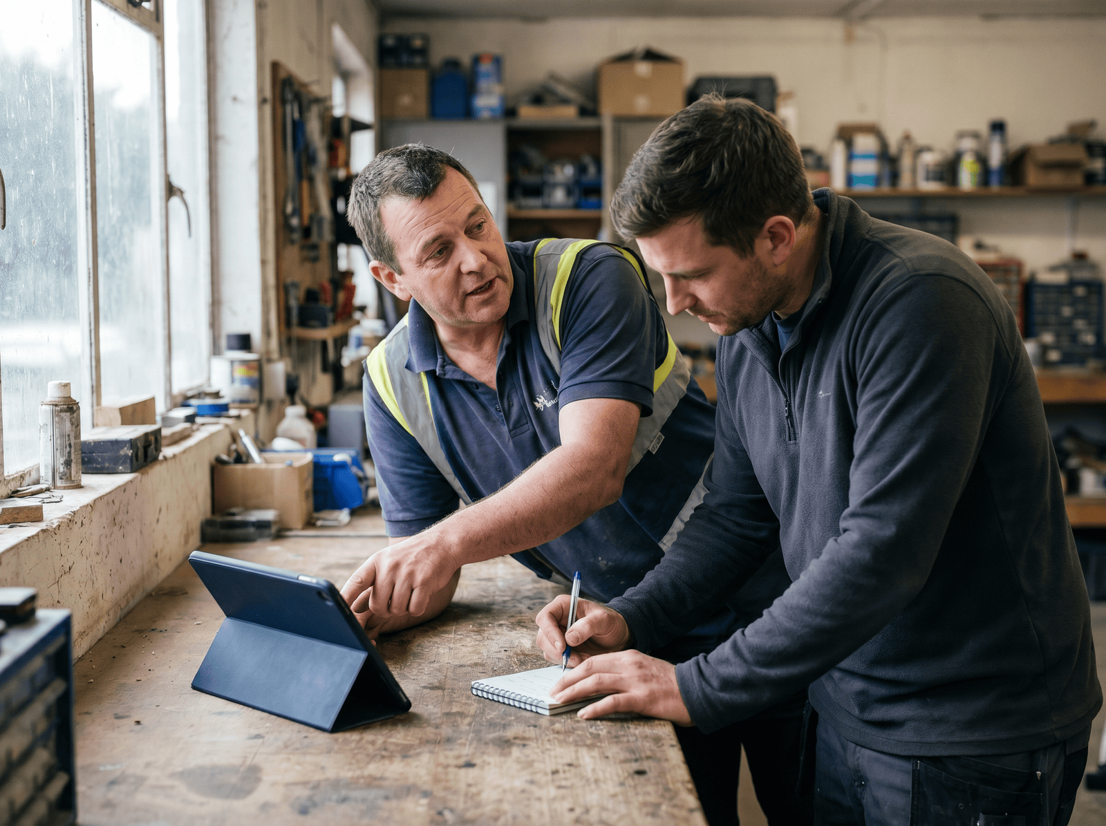 An operator in a navy work polo and hi-vis vest leaning over a wooden workbench, pointing at a tablet, while a consultant in a charcoal quarter-zip takes notes in a small spiral notebook beside him. Workshop tools and shelving in the background.
