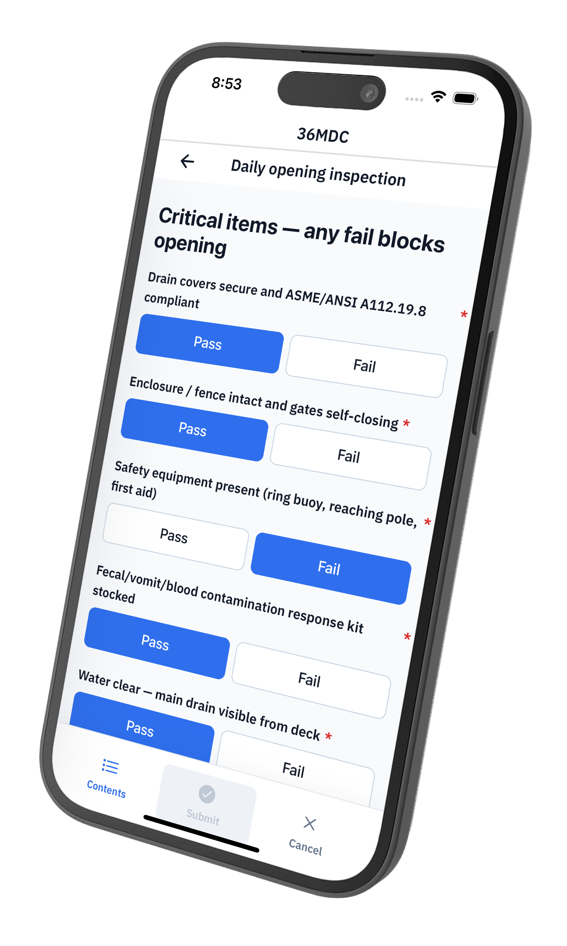 iPhone showing the 36MDC mobile app on a Daily opening inspection form, with Pass/Fail toggles for items like Drain covers secure, Enclosure intact, Safety equipment, and Water clear.