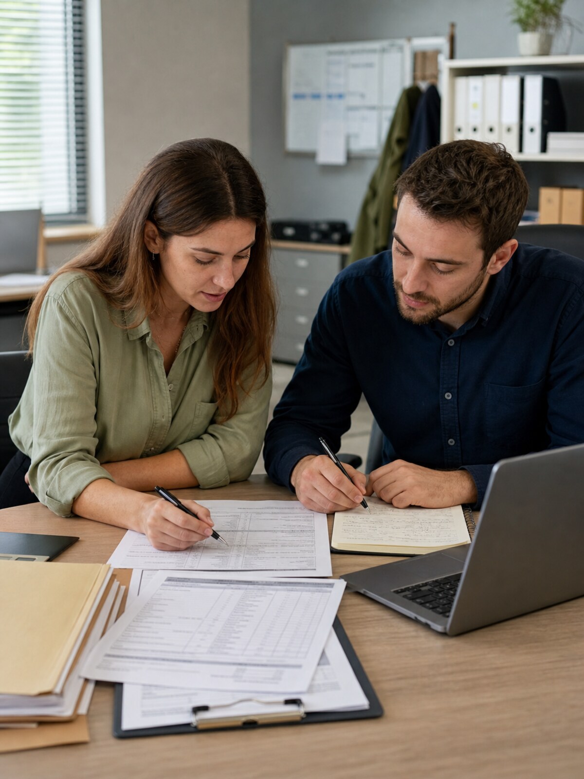 A workflow owner and a 36MDC consultant sitting at a small office desk, working through a stack of existing paper inspection forms together with a laptop and clipboard nearby.